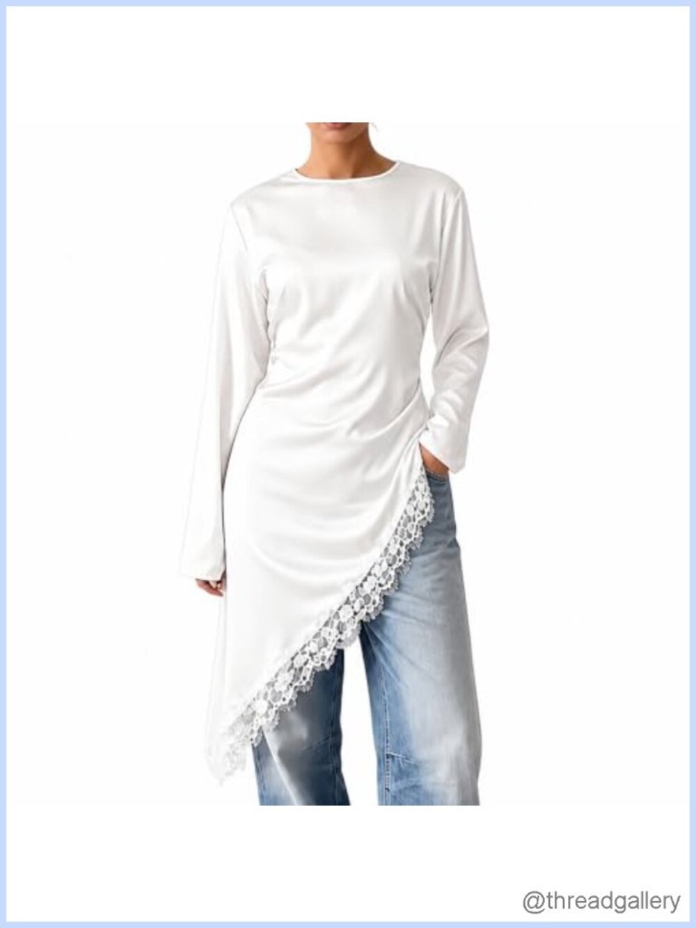 Satin Lace Trim Tunic Top Long Sleeve Asymmetrical Hem Blouse Back Tie